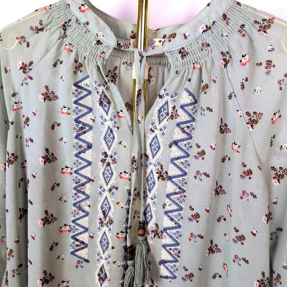 Jolt Women Large Blouse Sage Green Floral Embroidered Tassel Tie Neck Boho Top